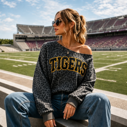 Personalized Leopard Print Off-Shoulder Game Day Sweatshirt, Custom Team Name Glitter Sweatshirt