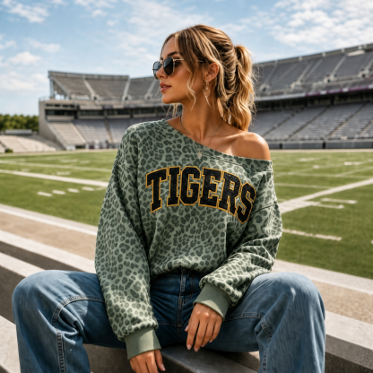 Personalized Leopard Print Off-Shoulder Game Day Sweatshirt, Custom Team Name Glitter Sweatshirt