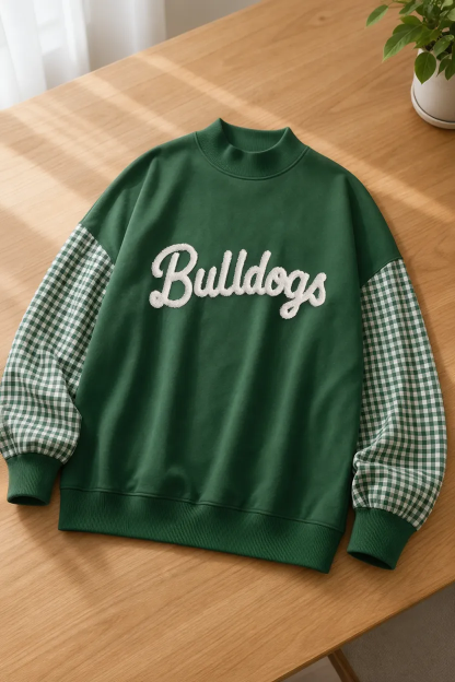 Personalized Chenille Mock Neck Sweatshirt, Plaid Patchwork Sleeve Pullover