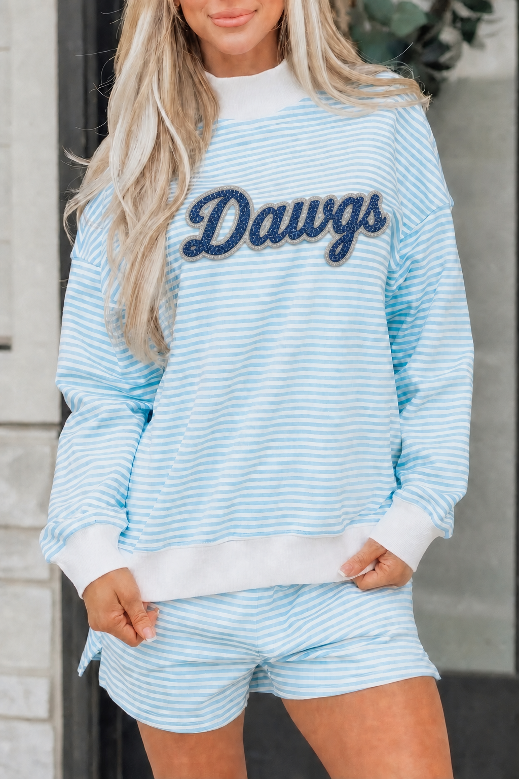 Custom Stripe Oversized Mock Neck Sweatshirt & Shorts Set | Personalized Team Name Game Day Two-Piece Set
