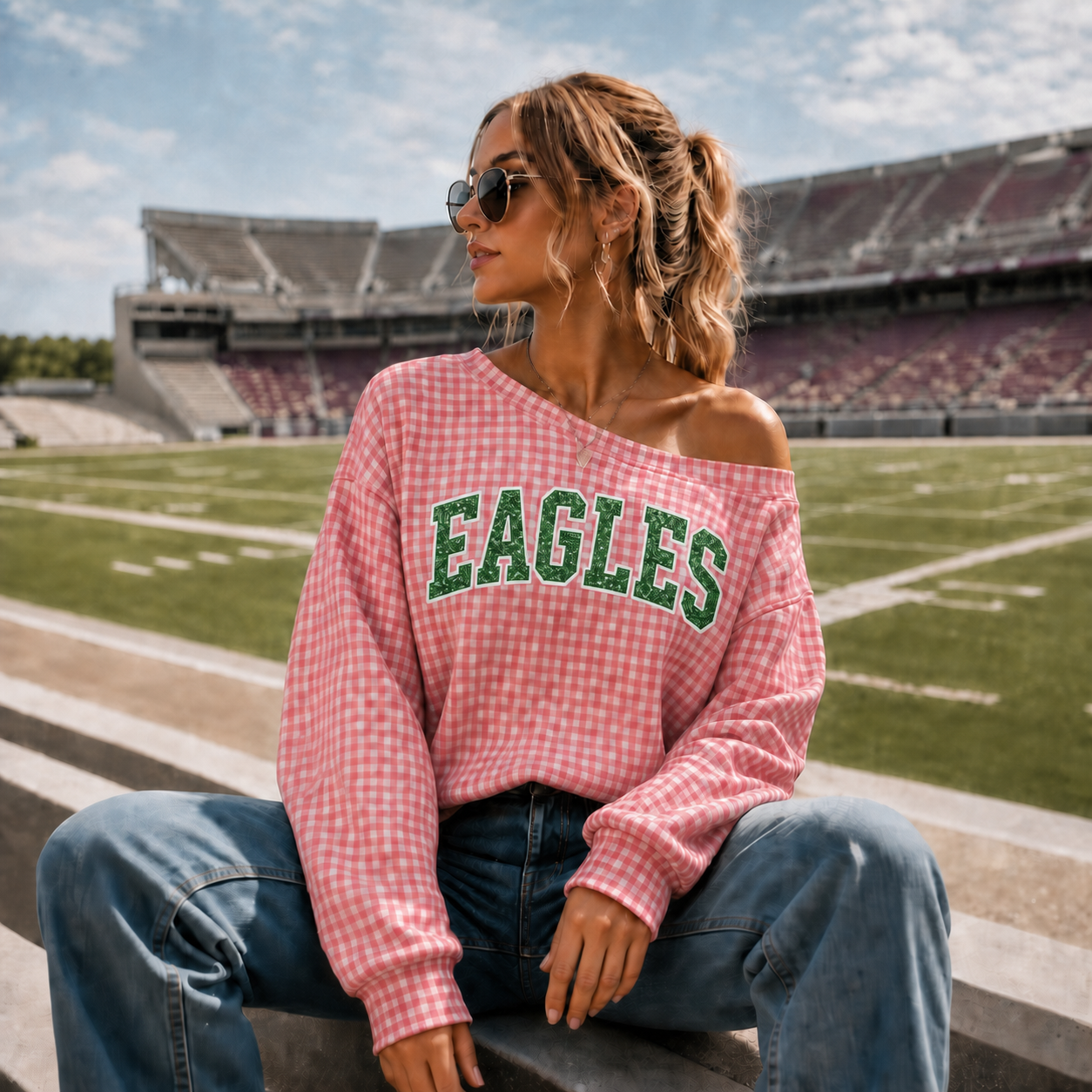 Personalized Sequin Team Name Plaid One-Shoulder Sweatshirt