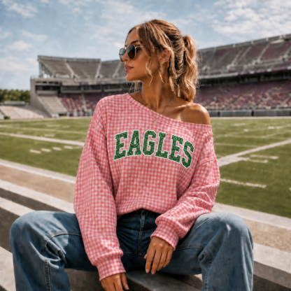 Personalized Sequin Team Name Plaid One-Shoulder Sweatshirt