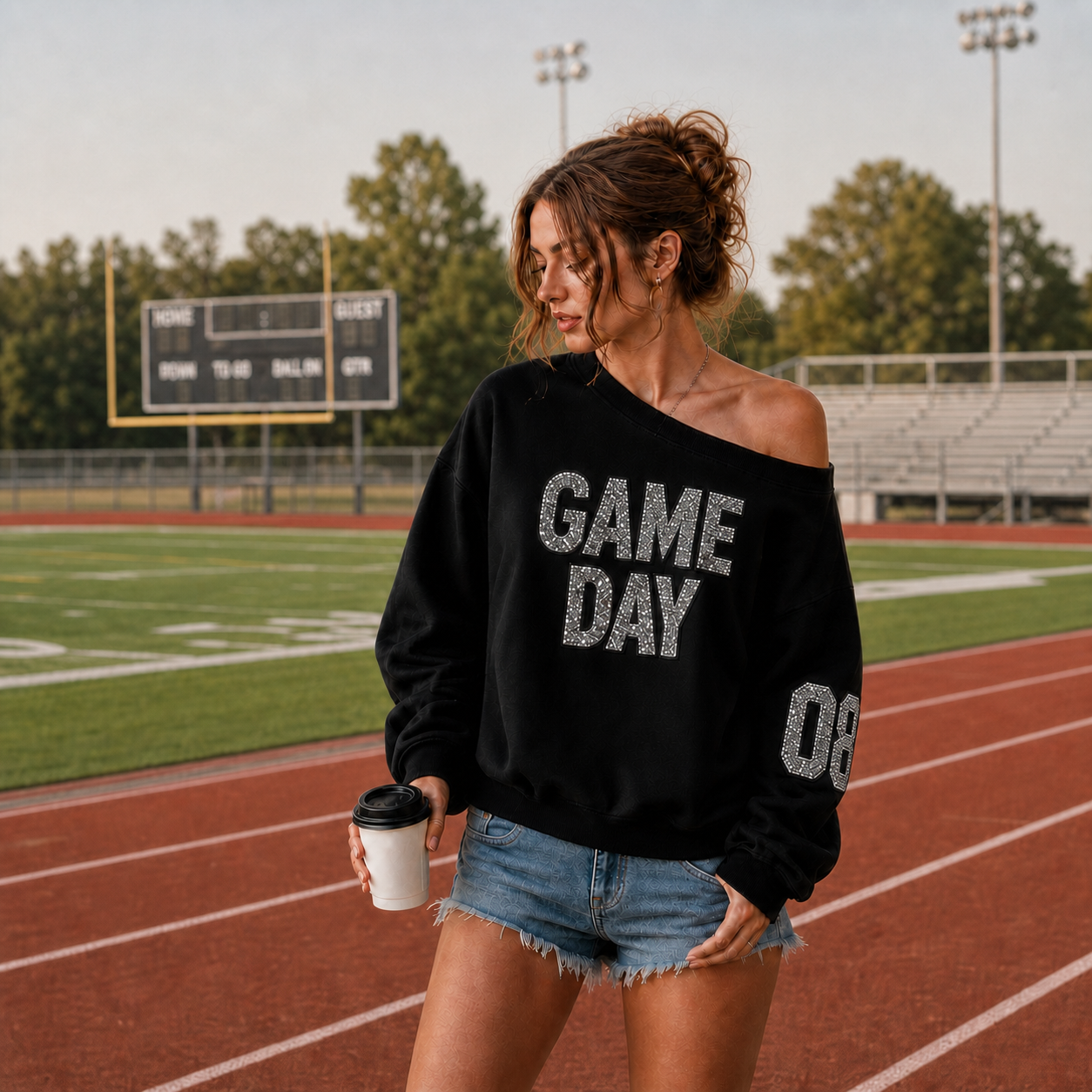 Personalized Off-Shoulder Game Day Sweatshirt, Custom Team Name Glitter Sweatshirt