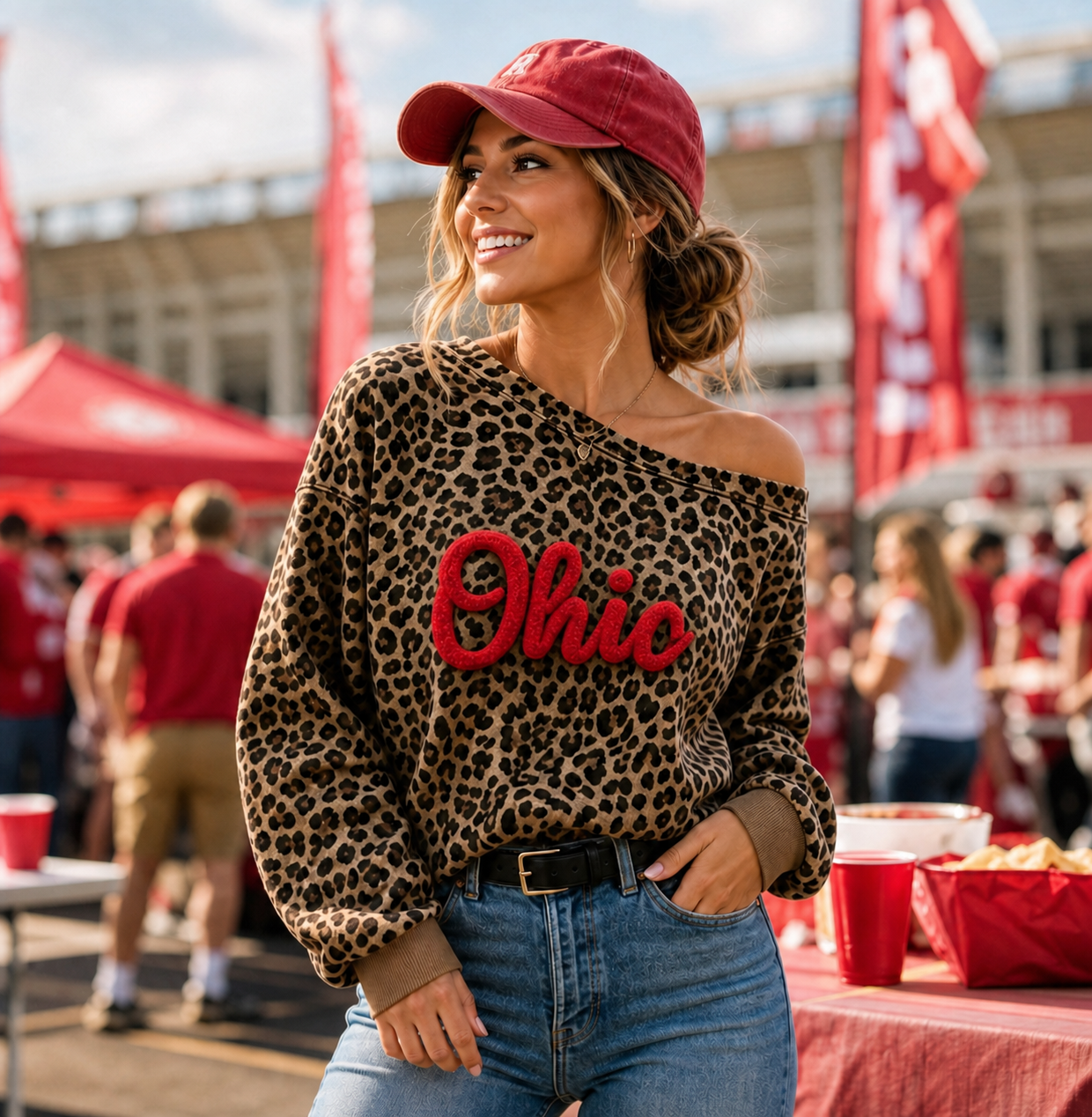 Custom Leopard Off-Shoulder Chenille Game Day Sweatshirt