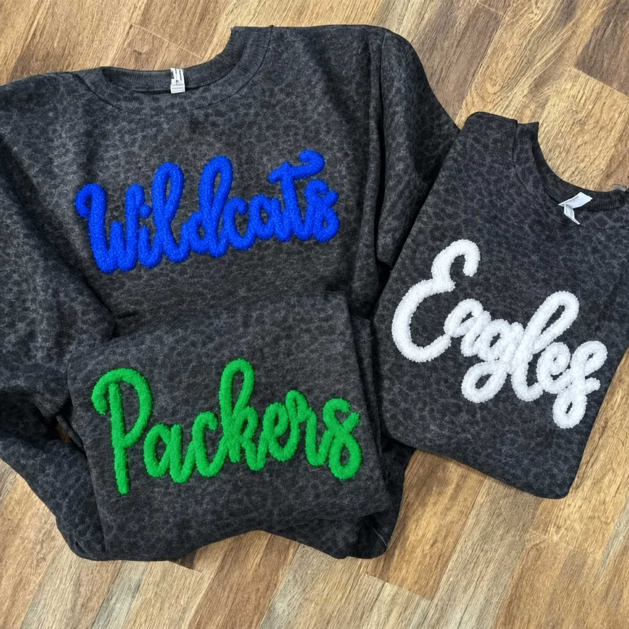 Custom Chenille YARN Team Name Sweatshirt Camo Sweatshirt Custom School Team Name Crewneck