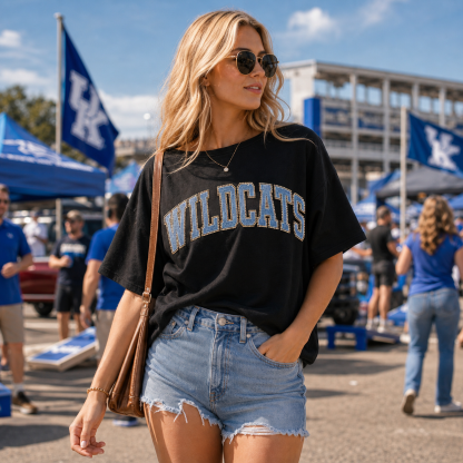 Custom Denim Appliqué Rhinestone Team Name Dropped Shoulder T-Shirt