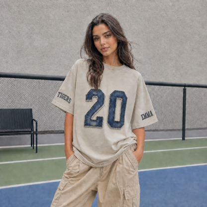 Custom Vintage Denim Applique Number Washed T-Shirt