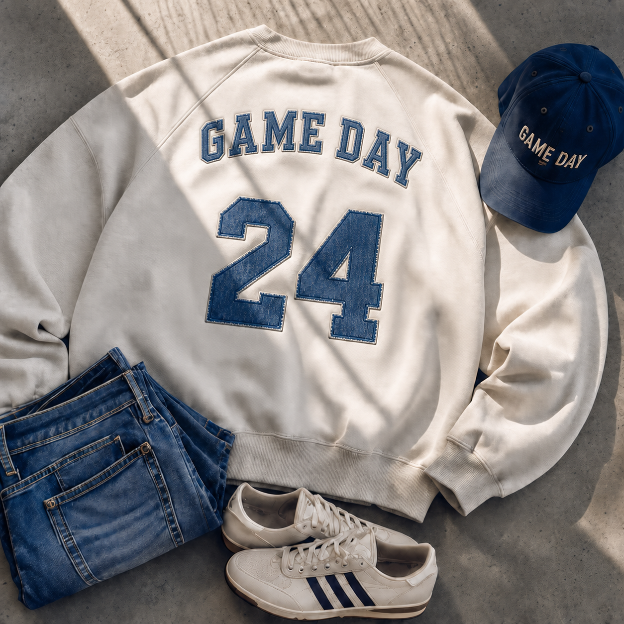 Custom Vintage Denim Applique Game Day Sweatshirt
