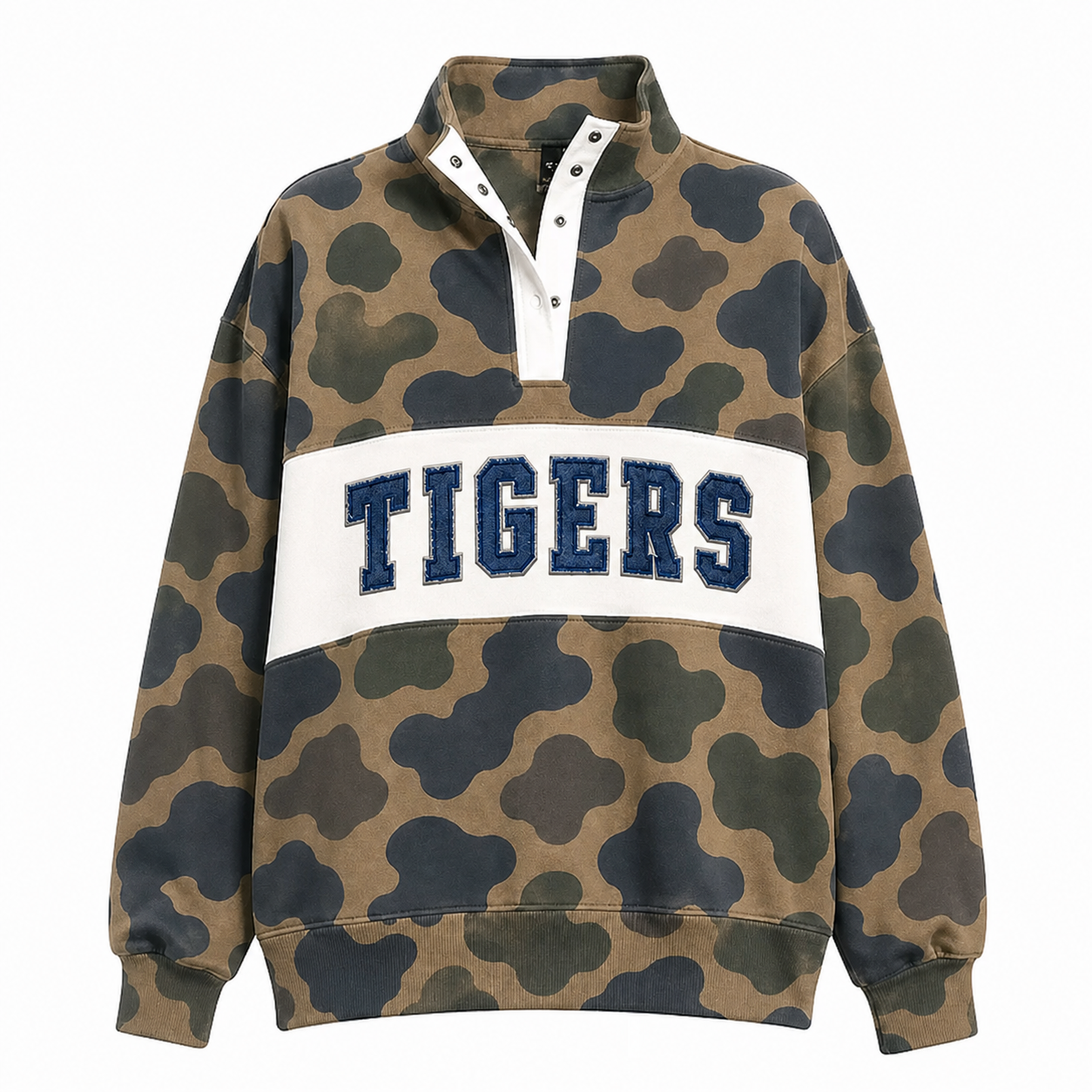 Custom Denim Applique Team Name Embroidered Camo Snap Pullover Sweatshirt-Game Day Style