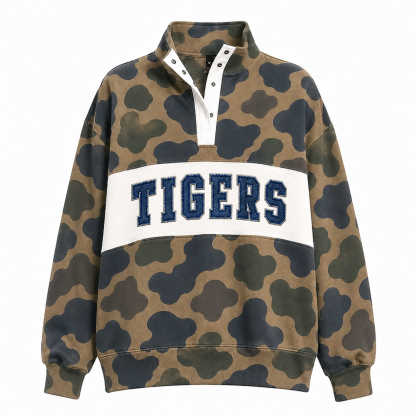 Custom Denim Applique Team Name Embroidered Camo Snap Pullover Sweatshirt-Game Day Style