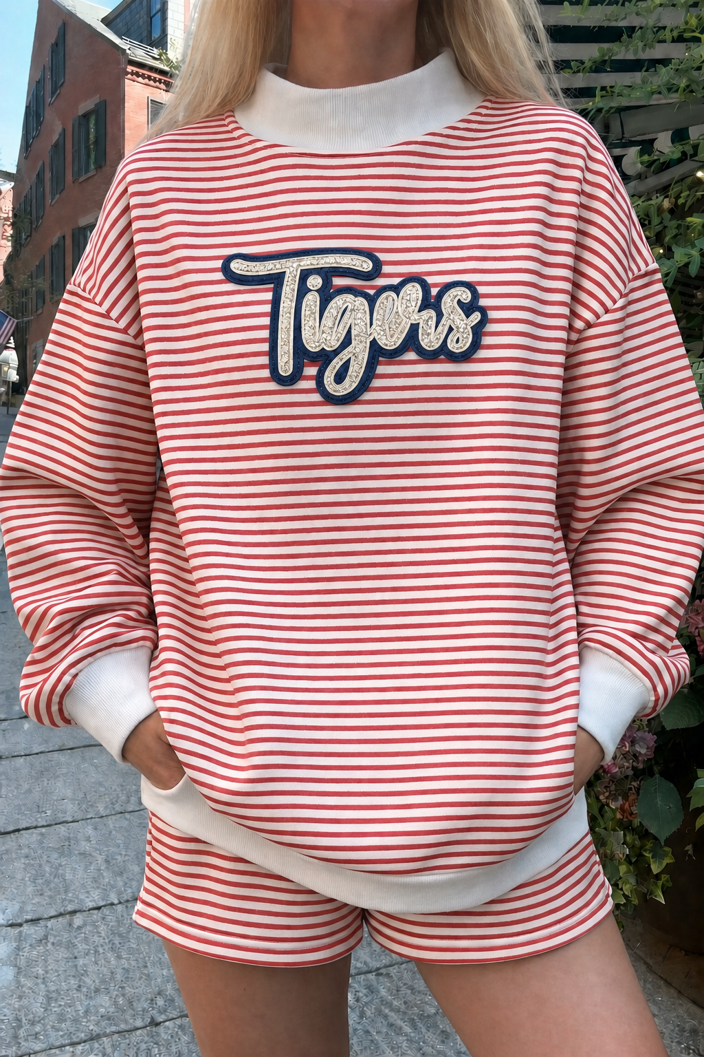 Custom Stripe Oversized Mock Neck Sweatshirt & Shorts Set | Personalized Team Name Game Day Two-Piece Set