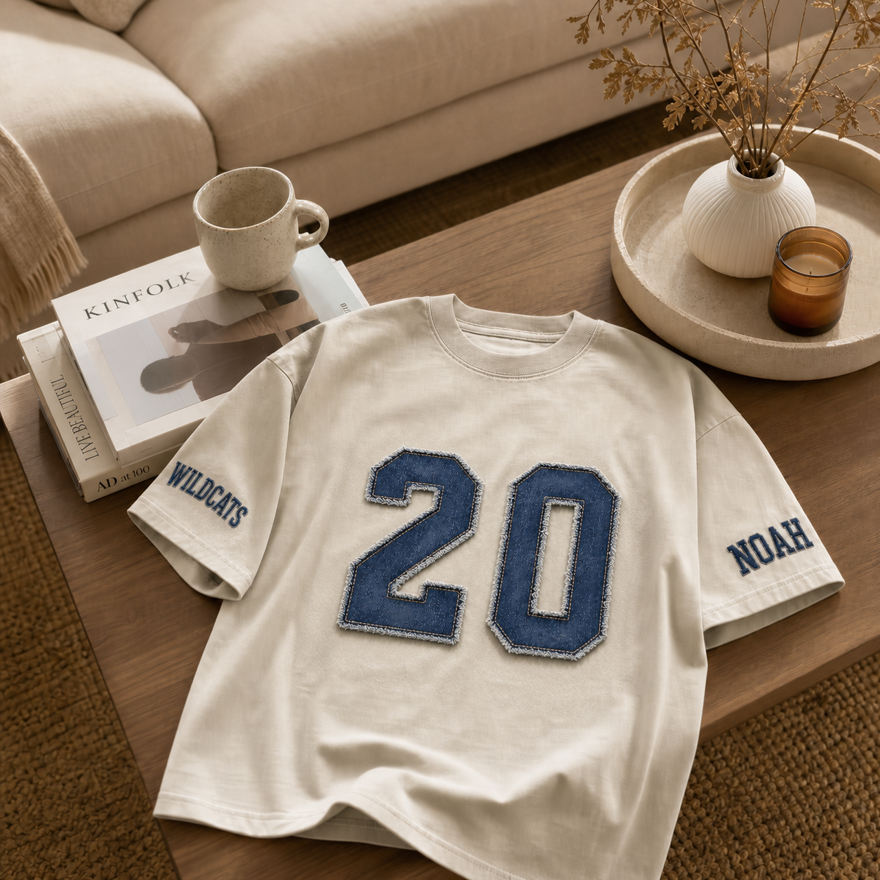 Custom Vintage Denim Applique Number Washed T-Shirt