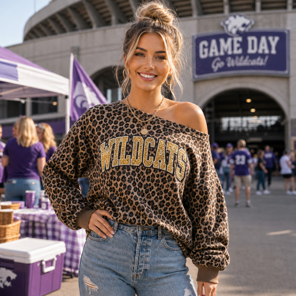 Personalized Leopard Print Off-Shoulder Game Day Sweatshirt, Custom Team Name Glitter Sweatshirt