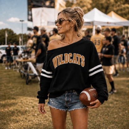 Personalized Vintage Off-Shoulder Sweatshirt, Custom Team Name Game Day Football Crewneck