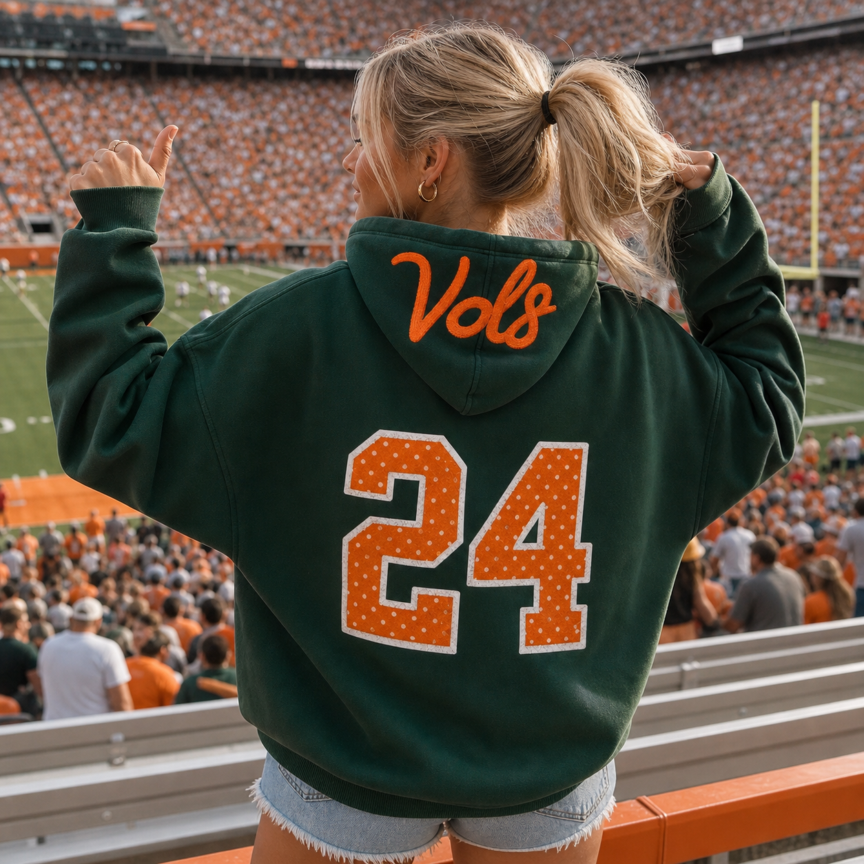 Custom Chenille Hood Text & Polka Dot Applique Back Number Hoodie-Game Day Style