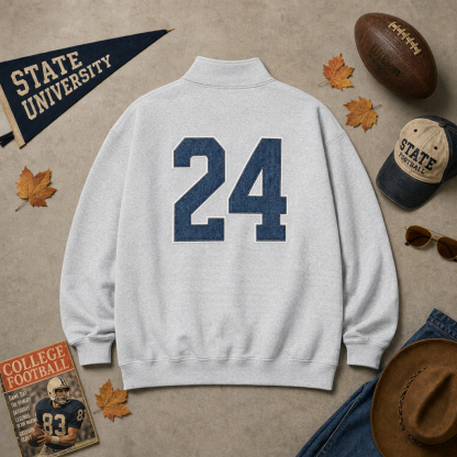 Custom Vintage Denim Applique Number Mockneck Sweatshirt, Retro Game Day Spirit Wear