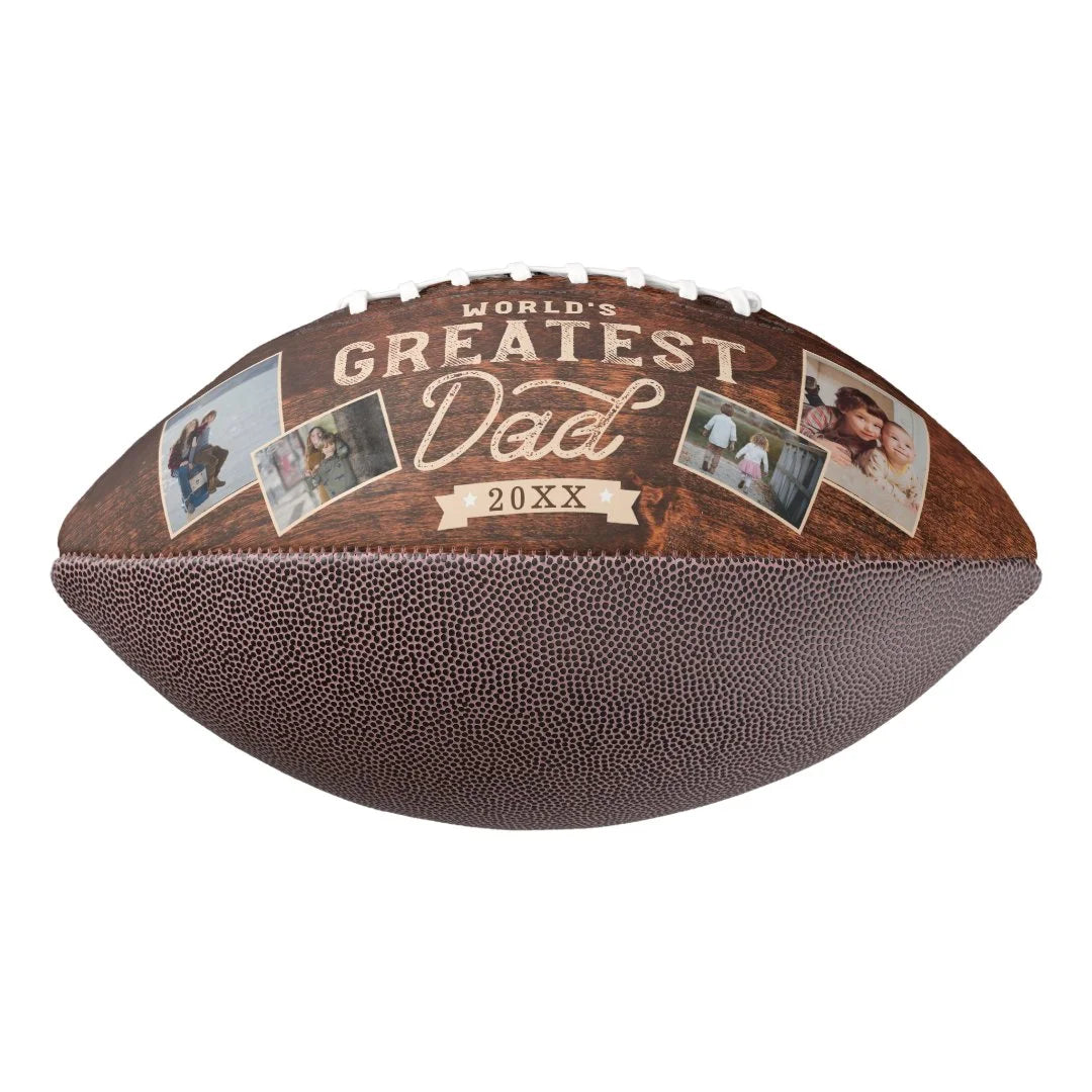 🔥Hot Sale🔥World's Greatest Dad Woodgrain Eight Photo Collage Football