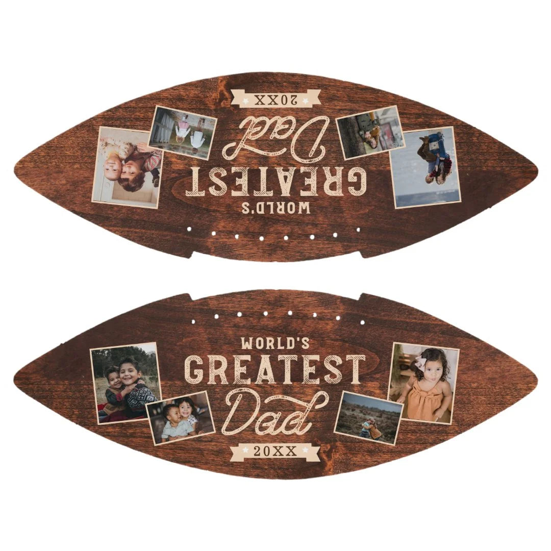 🔥Hot Sale🔥World's Greatest Dad Woodgrain Eight Photo Collage Football