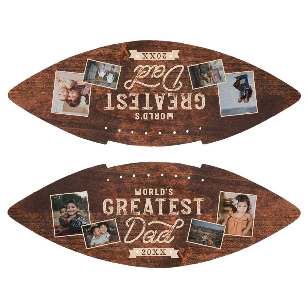 🔥Hot Sale🔥World's Greatest Dad Woodgrain Eight Photo Collage Football
