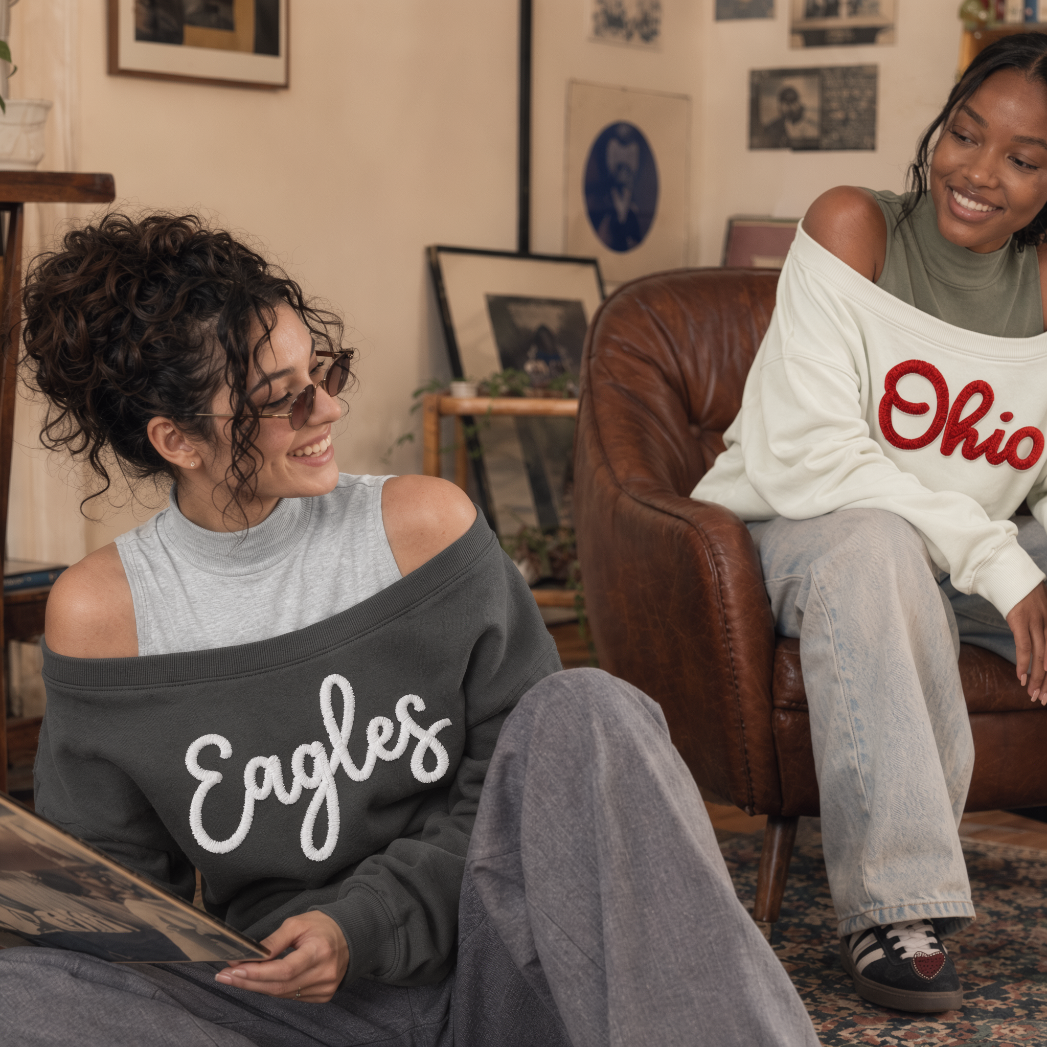 Custom Chenille Team Name Off Shoulder Mockneck Sweatshirt-Game Day Style