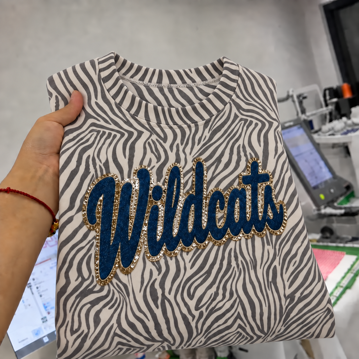 Custom Glitter-Outlined Denim Applique Team Name Zebra Print T-Shirt-Game Day Style