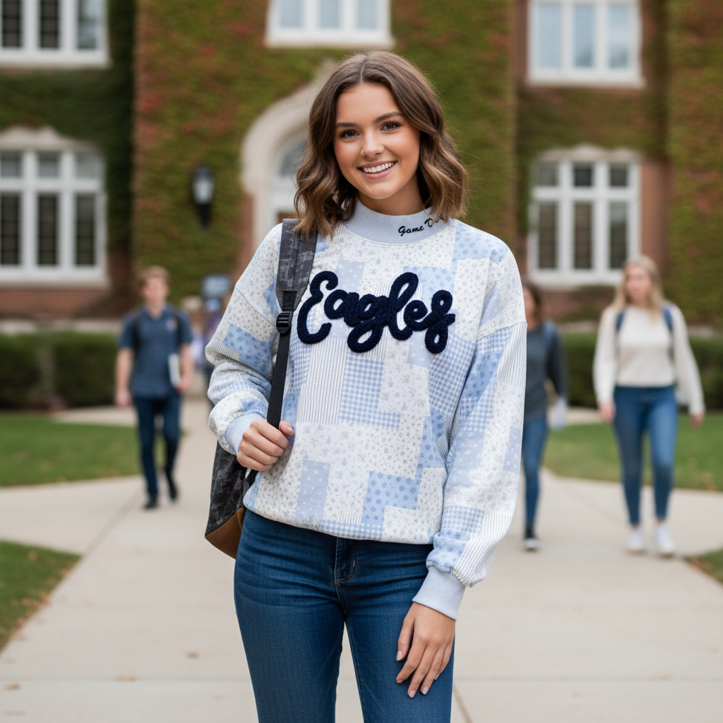 Retro Patchwork Sweatshirt with Custom Chenille Team Name – Game Day Pullover