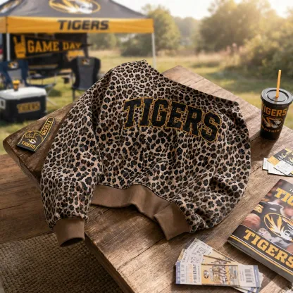 Personalized Leopard Print Off-Shoulder Game Day Sweatshirt, Custom Team Name Glitter Sweatshirt