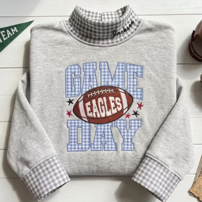 Embroidered Football Gingham Mockneck Sweatshirt-Custom Game Day Fan Style