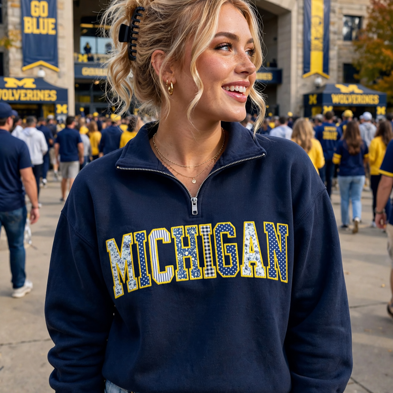 Patchwork Applique Embroidered Quarter Zip Sweatshirt-Custom Team & School Name, Game Day Pullover