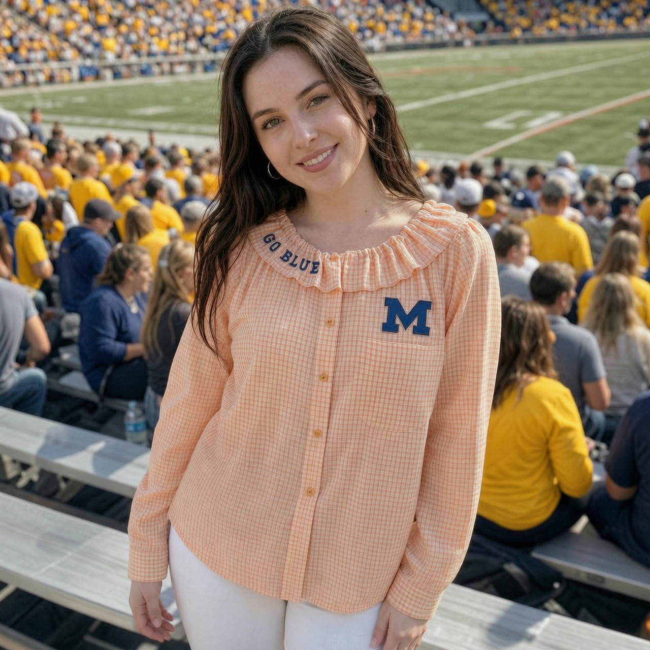 Custom Team Embroidery Collar & Left Chest Upcycle Ruffle Collar Button Down Shirt-Game Day Style
