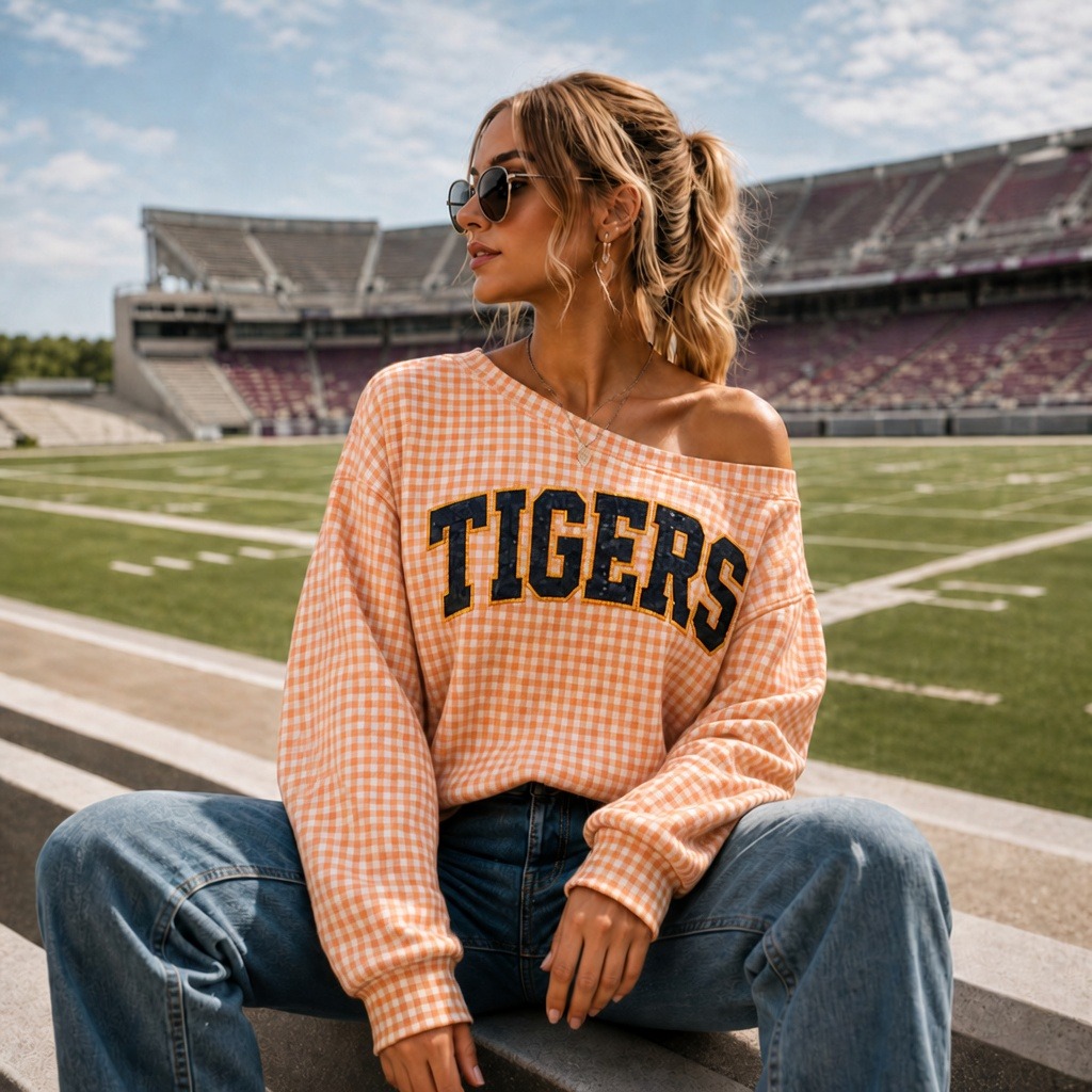 Personalized Sequin Team Name Plaid One-Shoulder Sweatshirt