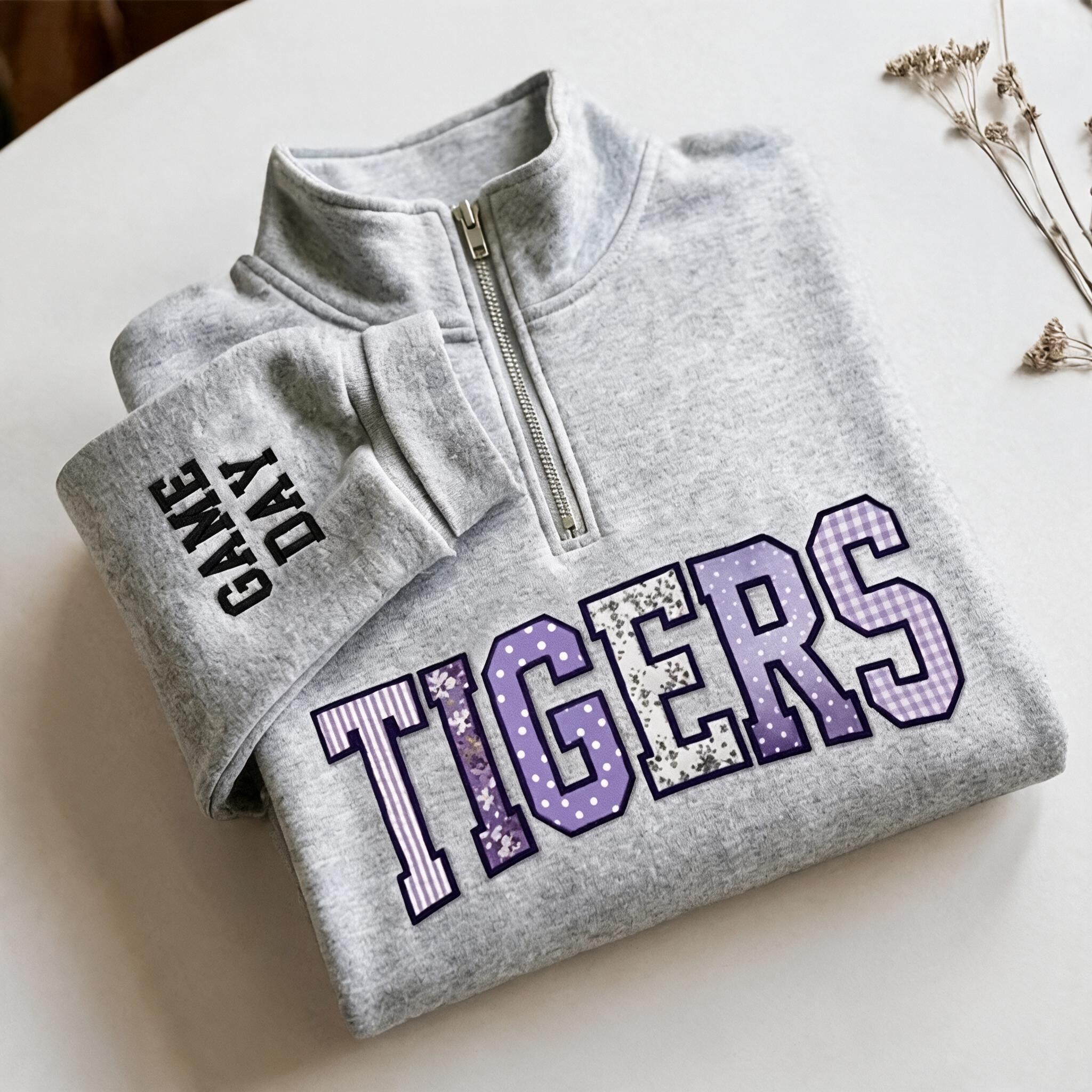 Patchwork Applique Embroidered Quarter Zip Sweatshirt-Custom Team & School Name, Game Day Pullover