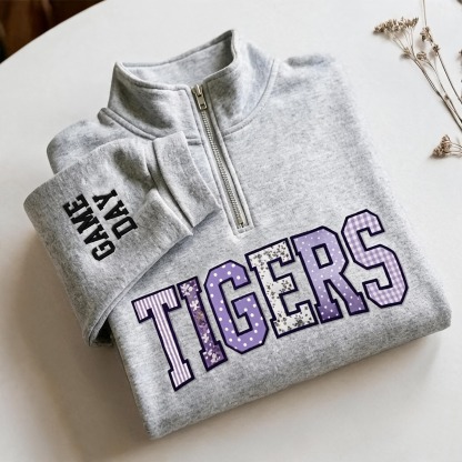 Patchwork Applique Embroidered Quarter Zip Sweatshirt-Custom Team & School Name, Game Day Pullover