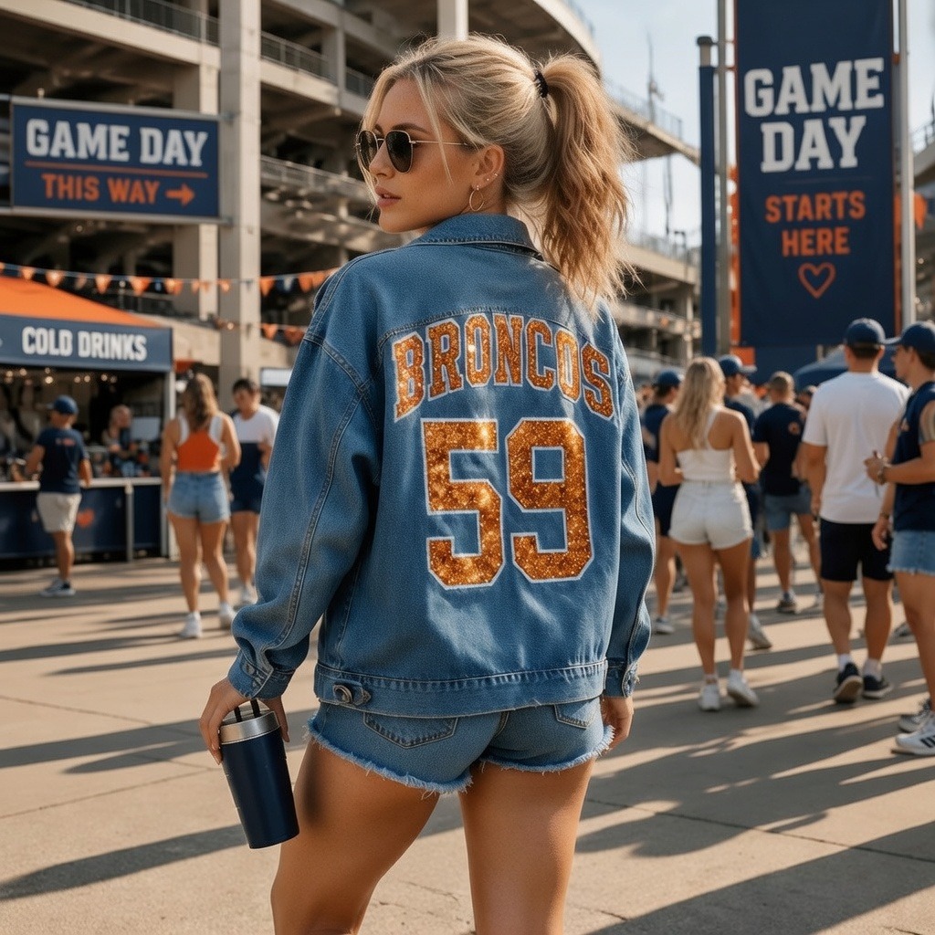 Custom Glitter Varsity Letter & Number Denim Jacket-College Game Day Tailgate Outfit