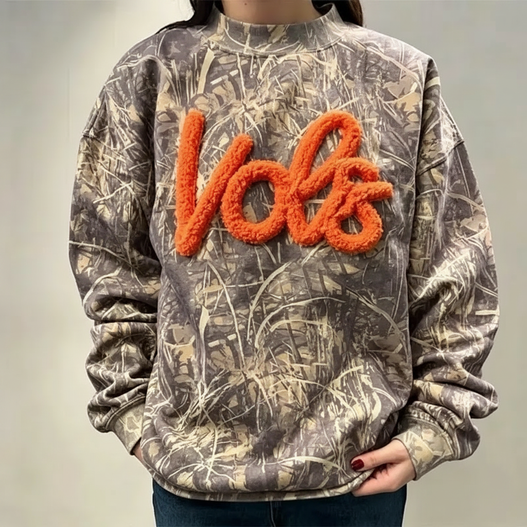 Custom Chenille YARN Team Name Sweatshirt Camo Sweatshirt Custom School Team Name Crewneck
