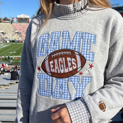 Embroidered Football Gingham Mockneck Sweatshirt-Custom Game Day Fan Style