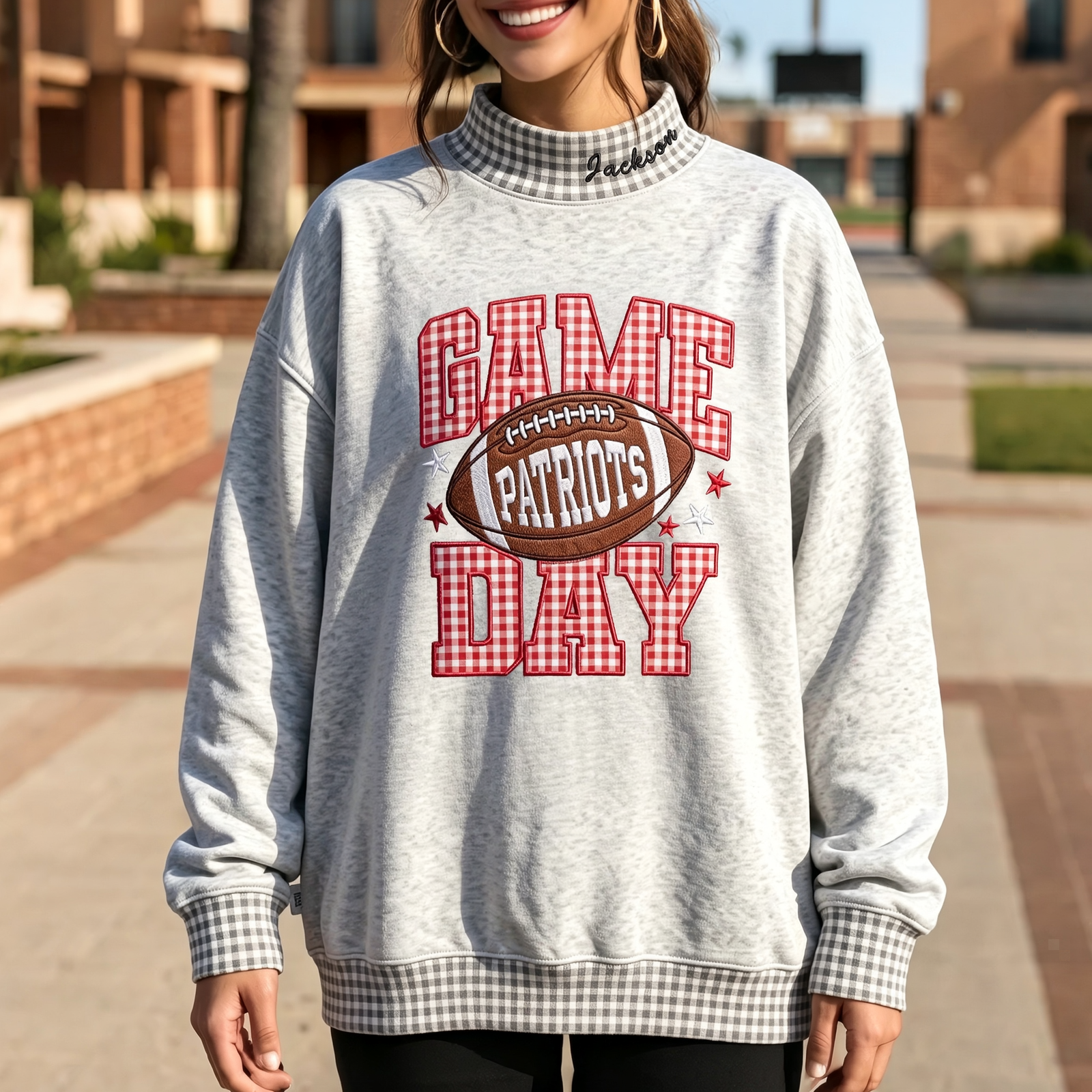 Embroidered Football Gingham Mockneck Sweatshirt-Custom Game Day Fan Style