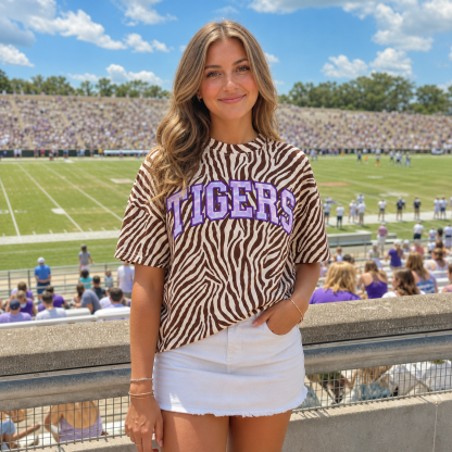 Custom Holographic Appliqué Varsity Team Name Zebra Print T-Shirt-Game Day Football Fan Gift