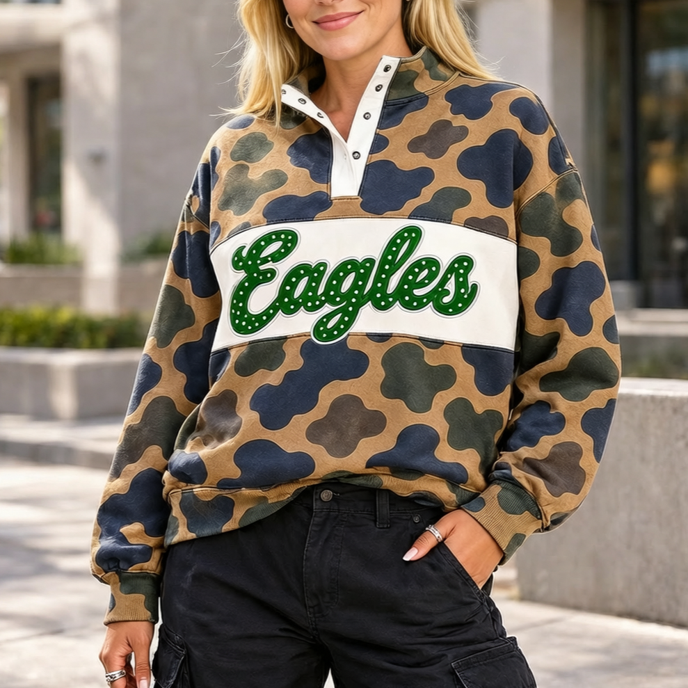Custom Team Name Polka Dot Applique Embroidered Camo Snap Pullover Sweatshirt-Game Day Style