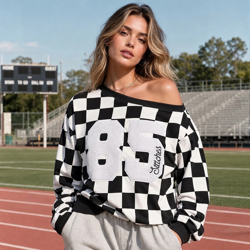 Custom Checkered Off-Shoulder Sweatshirt with Bold Number & Embroidered Name-Game Day Style