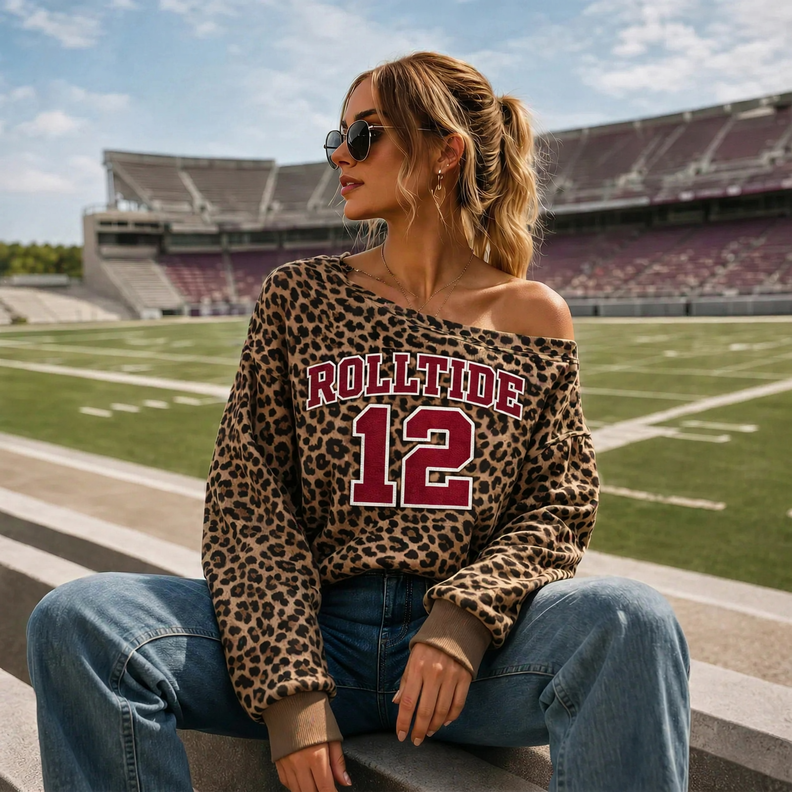 Custom Off-Shoulder Leopard Sweatshirt with Team Name & Number – Perfect for Game Day