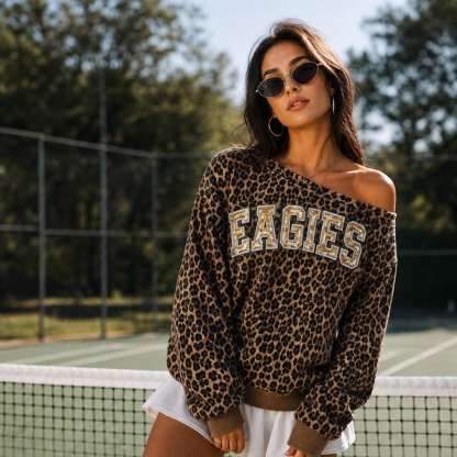 Personalized Leopard Print Off-Shoulder Game Day Sweatshirt, Custom Team Name Glitter Sweatshirt
