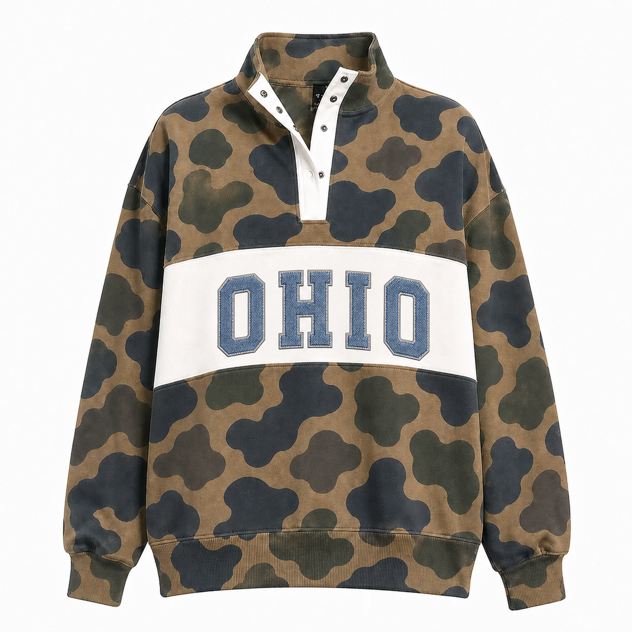 Custom Denim Applique Team Name Embroidered Camo Snap Pullover Sweatshirt-Game Day Style
