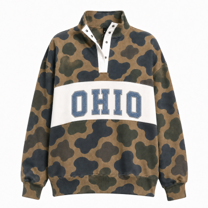 Custom Denim Applique Team Name Embroidered Camo Snap Pullover Sweatshirt-Game Day Style