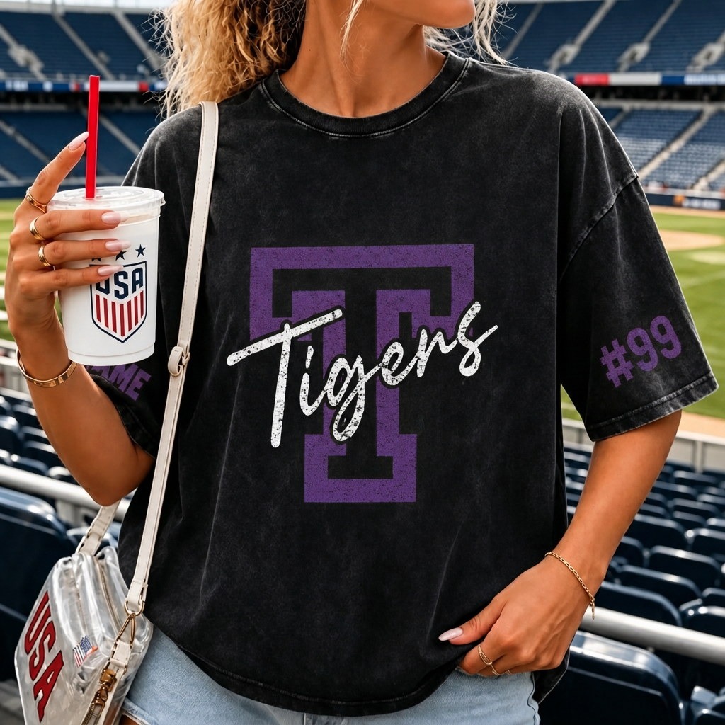 Custom Vintage Washed T-Shirt with Varsity Letter & Team Name – Game Day Ready