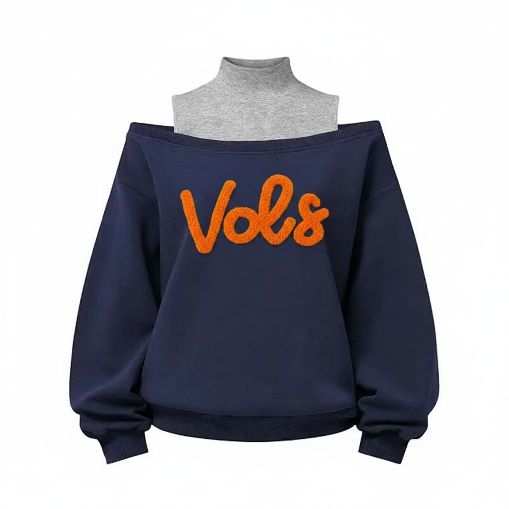 Custom Chenille Team Name Off Shoulder Mockneck Sweatshirt-Game Day Style