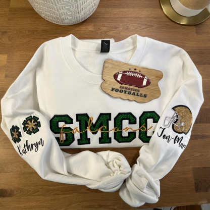 Custom Embroidered Cheerleading Helmet Football Mom Sweatshirt With Child's Name On Sleeve
