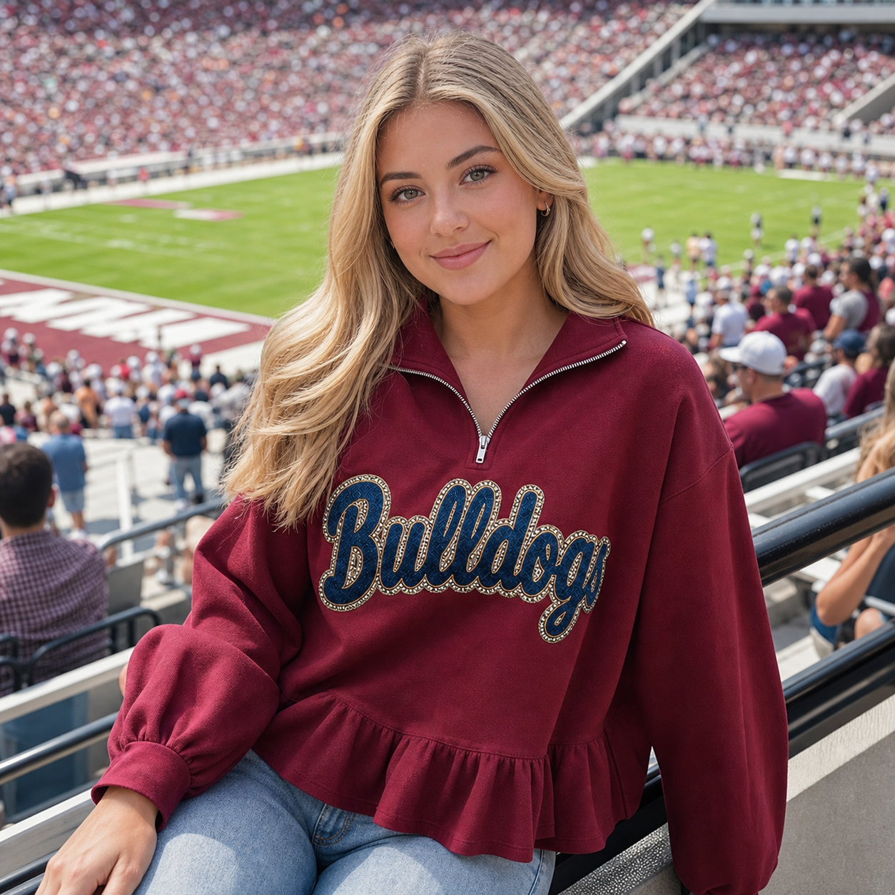 Custom Glitter-Outlined Denim Applique Team Name Ruffle Hem Quarter Zip Sweatshirt-Game Day Style