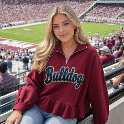 Custom Glitter-Outlined Denim Applique Team Name Ruffle Hem Quarter Zip Sweatshirt-Game Day Style