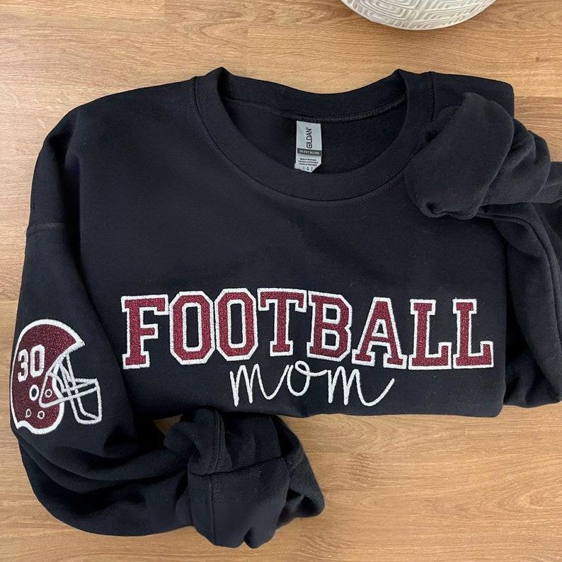 Custom Embroidered Football Mom Helmet Sweatshirt With Embroidery On Sleeves